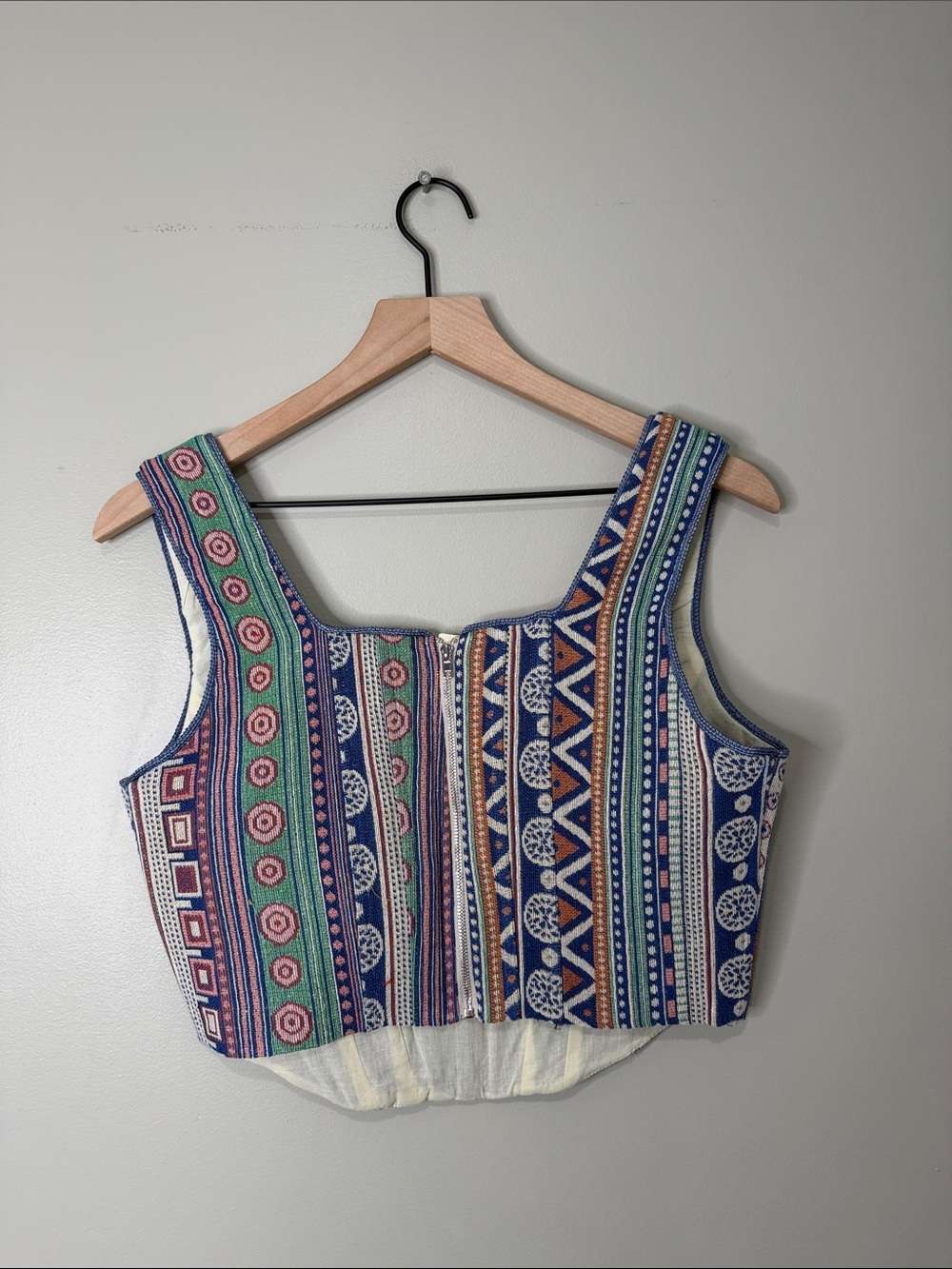 NWT Love Fate Destiny Striped Embroidered Crop Tank in Blue, Green & Rust - Picture 7 of 9